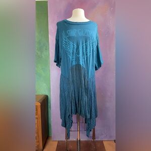 Intimately Free People soft T-shirt dress, teal, with handkerchief hem.